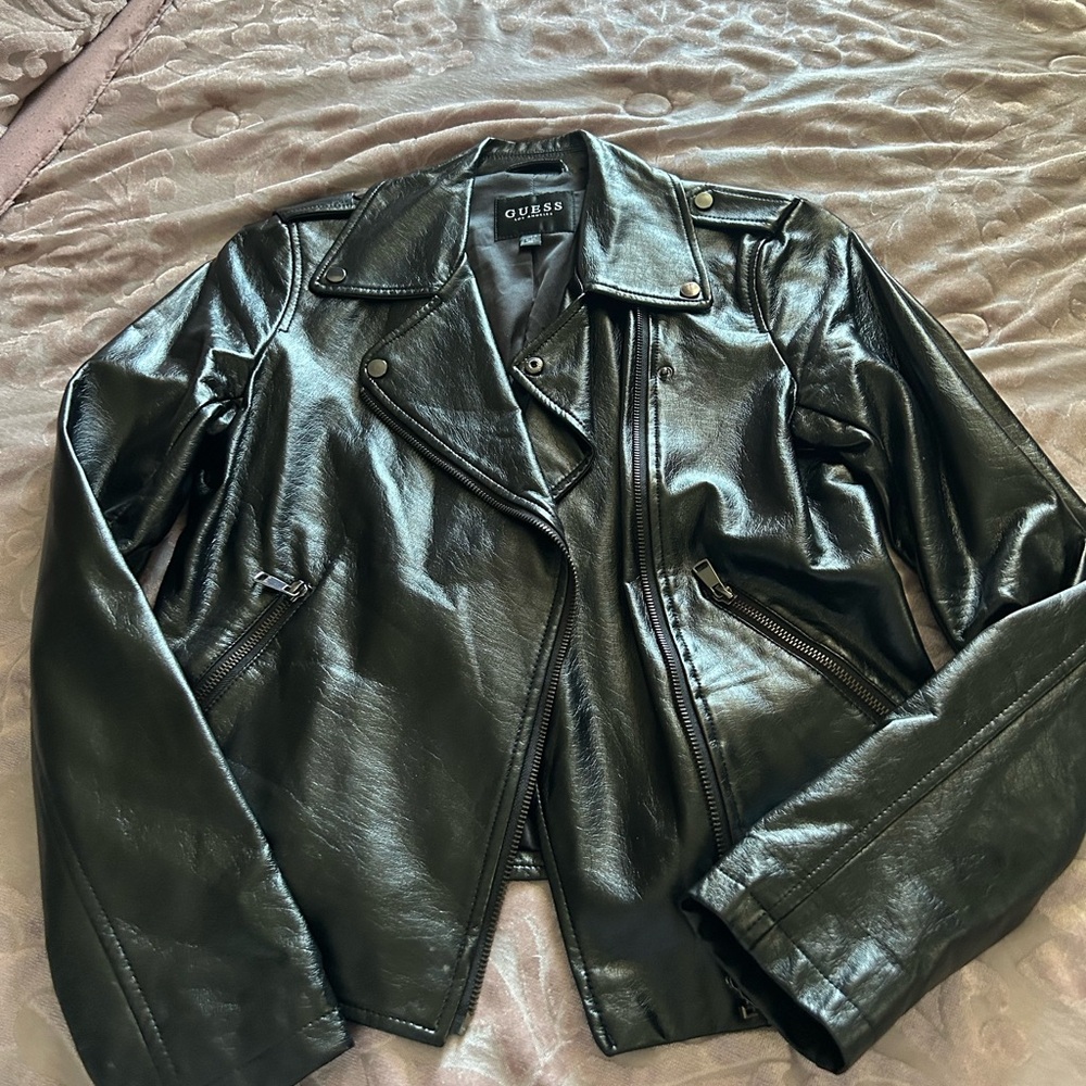 Guess Glossy Black Leather Jacket for Women